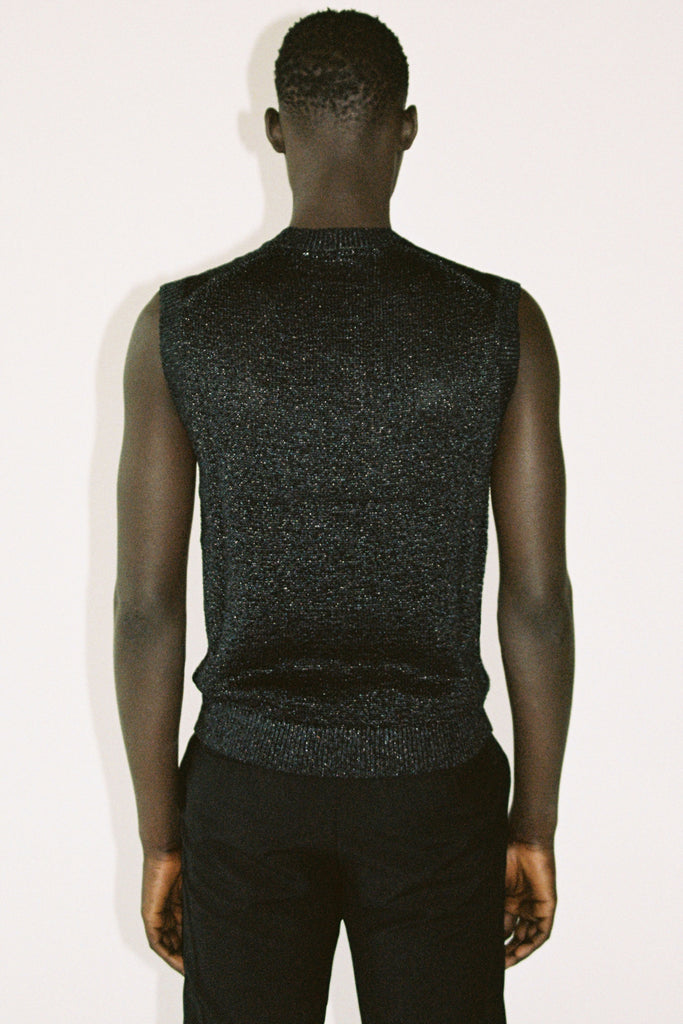 Black Nylon Crew Mockneck Sweater Vest