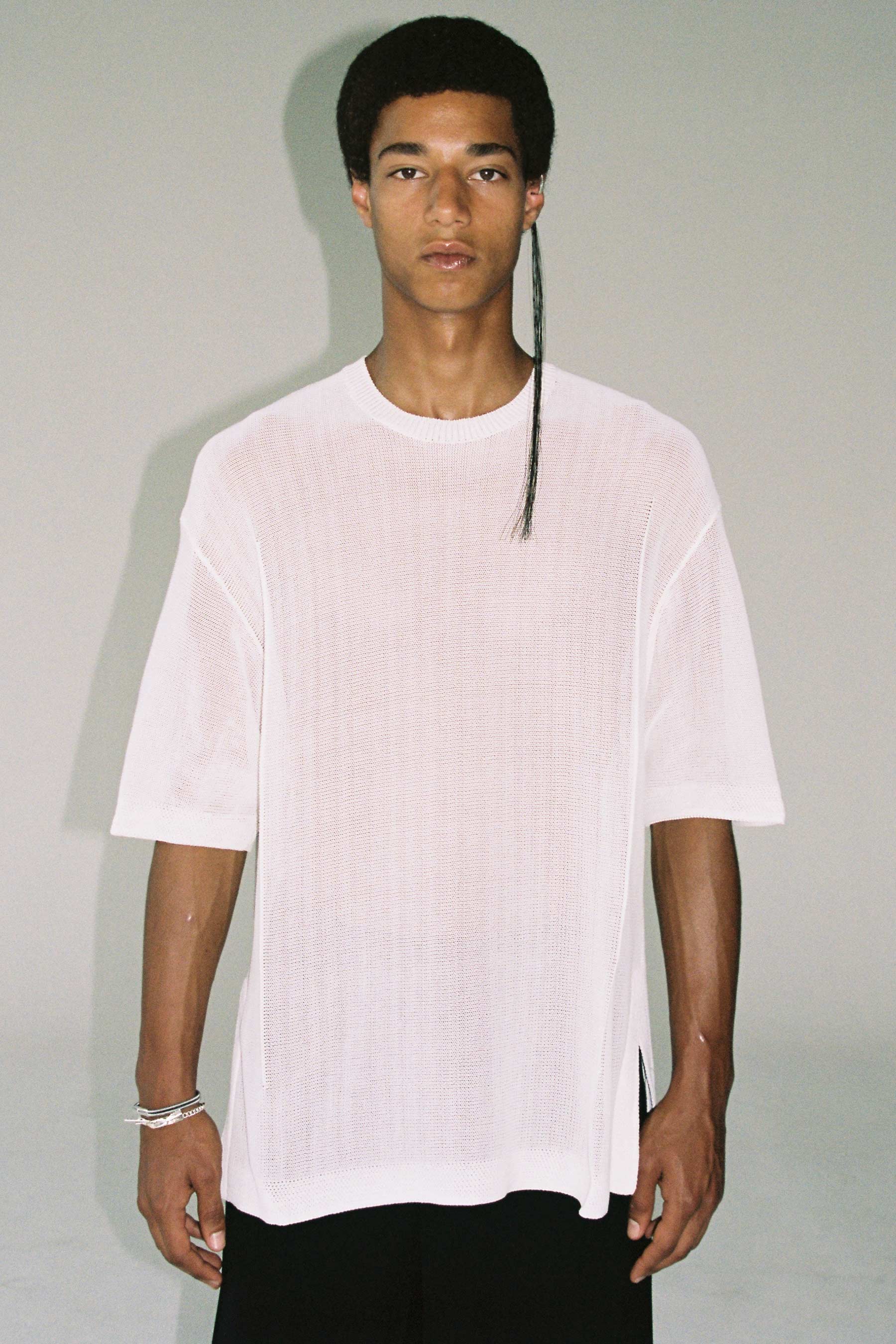 White Cotton Nylon Cuboid Knitted T-shirt