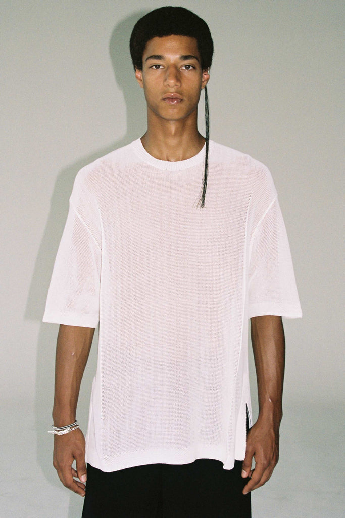 White Cotton Nylon Cuboid Knitted T-shirt
