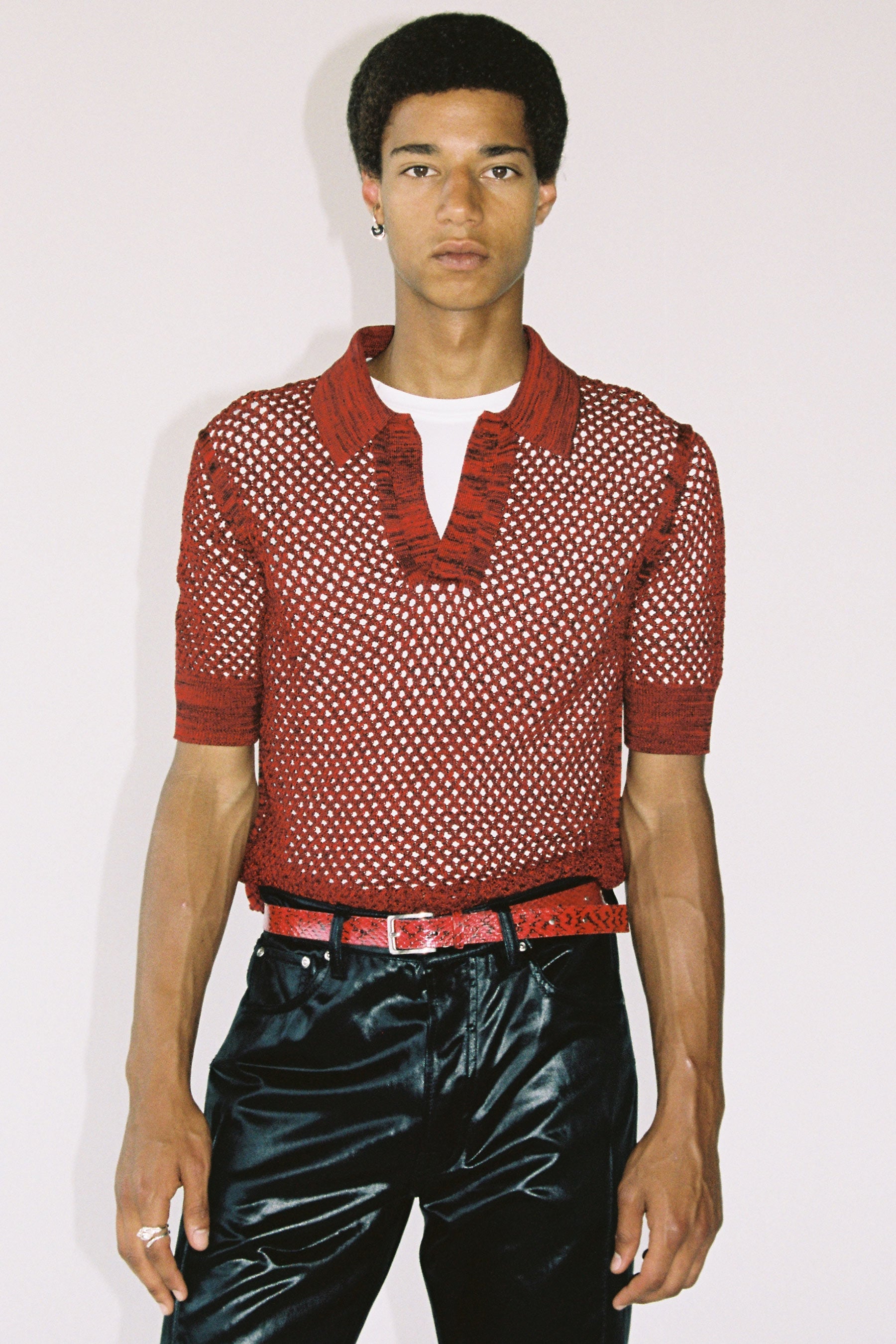 Red Cotton Mesh Knit Polo Sweater