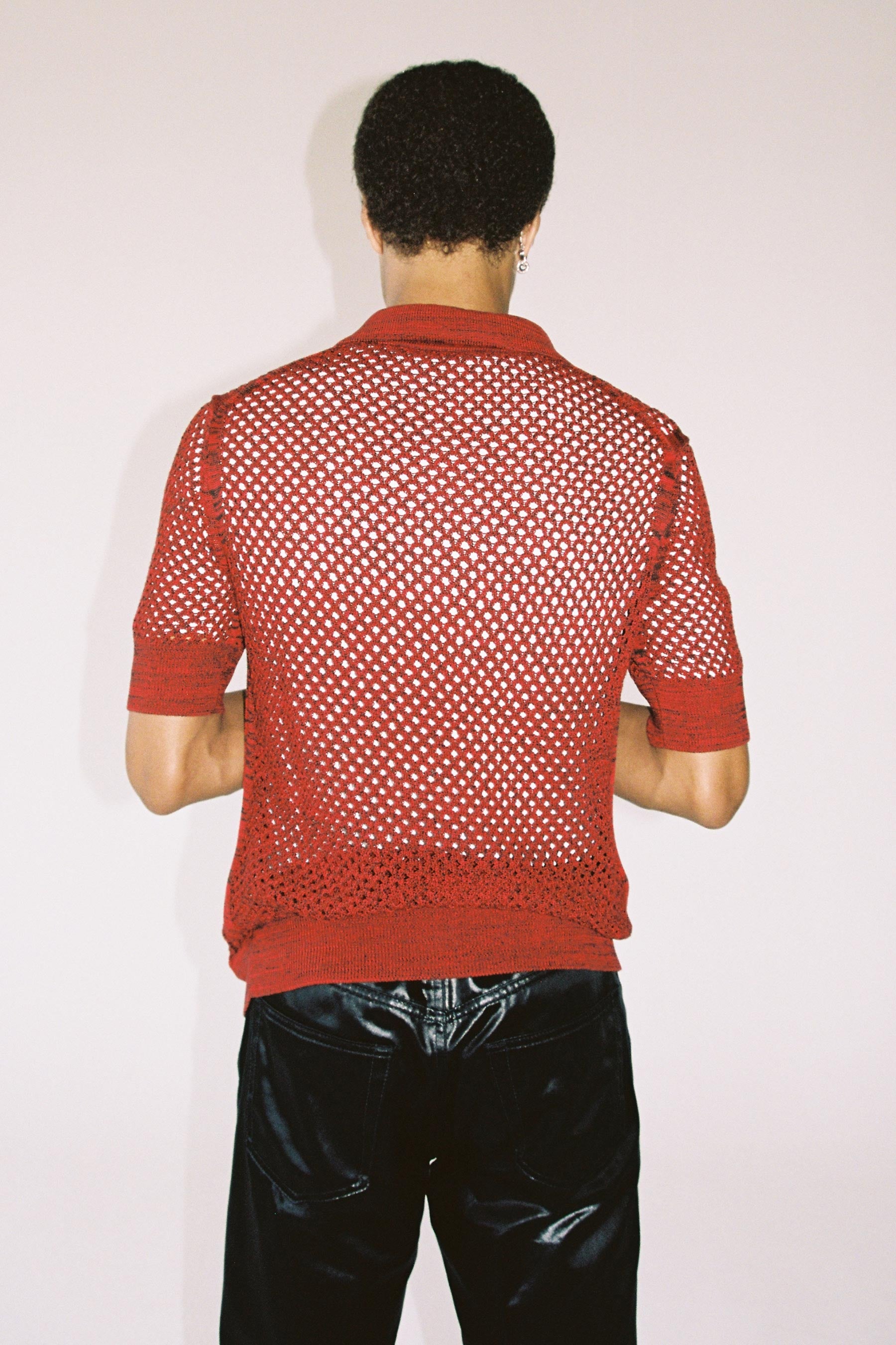 Red Cotton Mesh Knit Polo Sweater