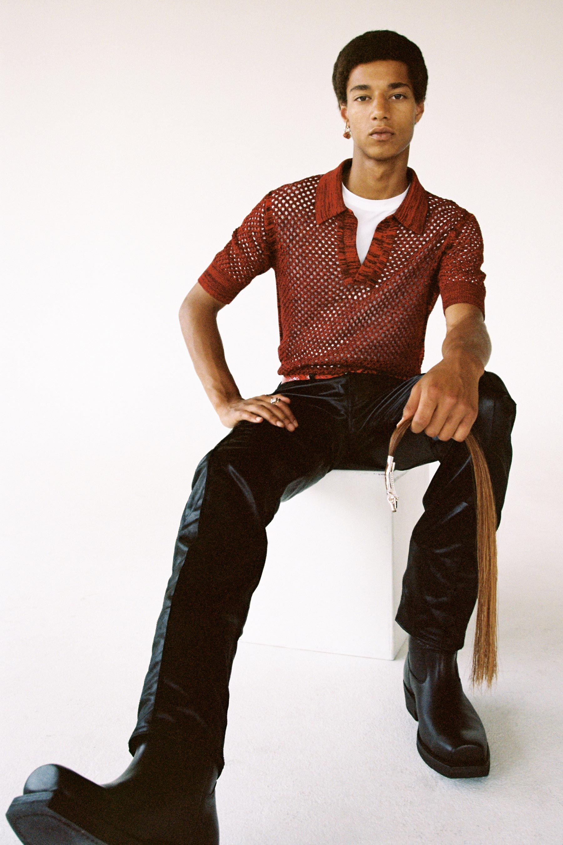 Red Cotton Mesh Knit Polo Sweater