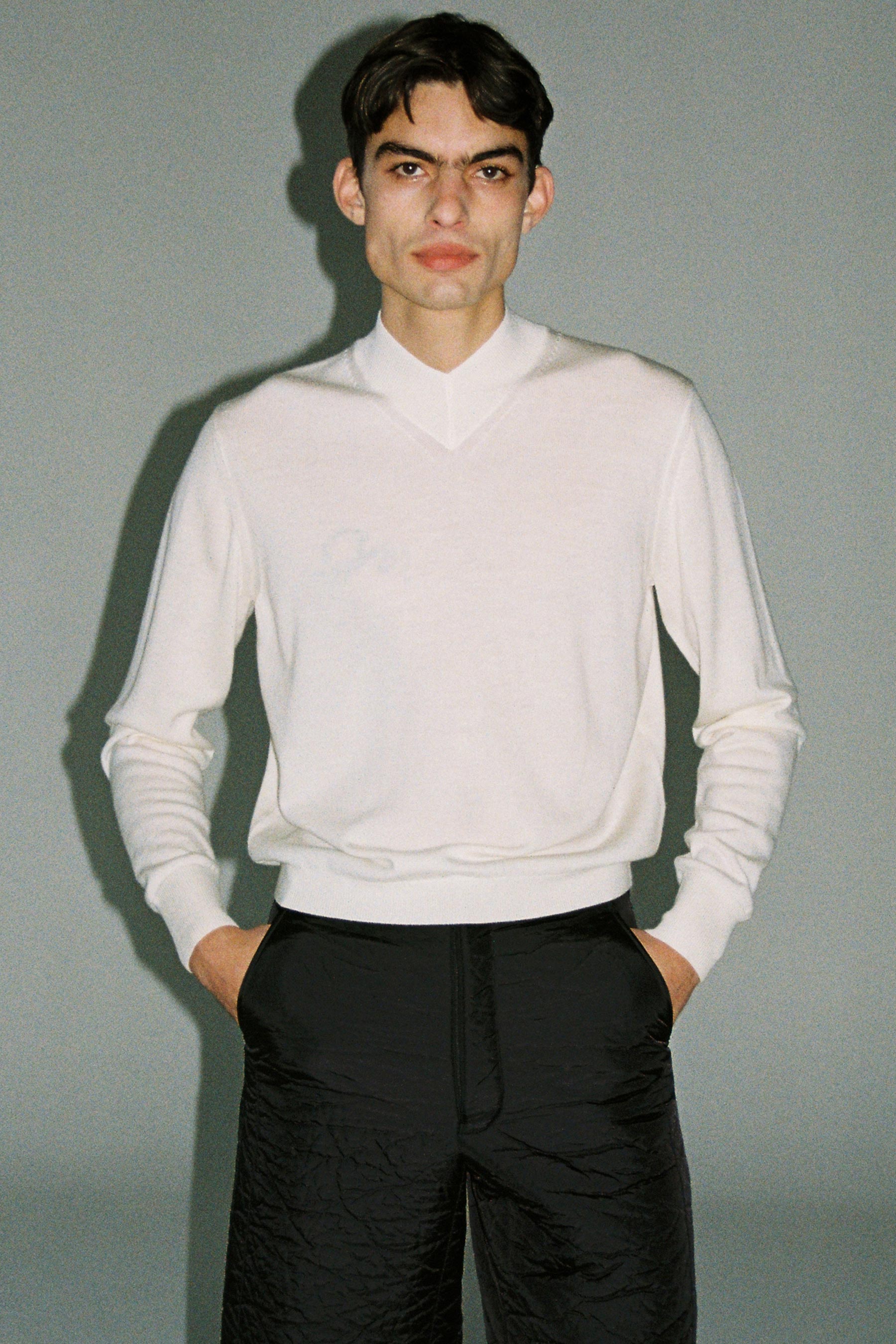 White Merino Wool V-highneck Sweater