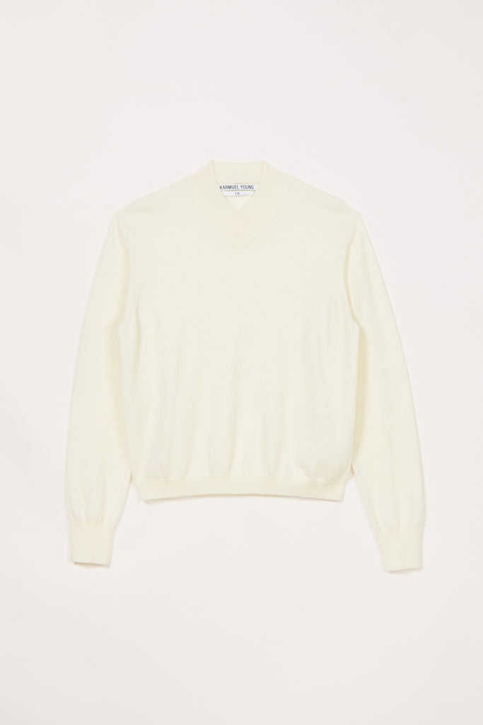 White Merino Wool V-highneck Sweater
