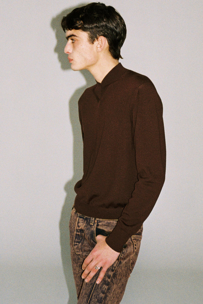 Brown Merino Wool V-highneck Sweater