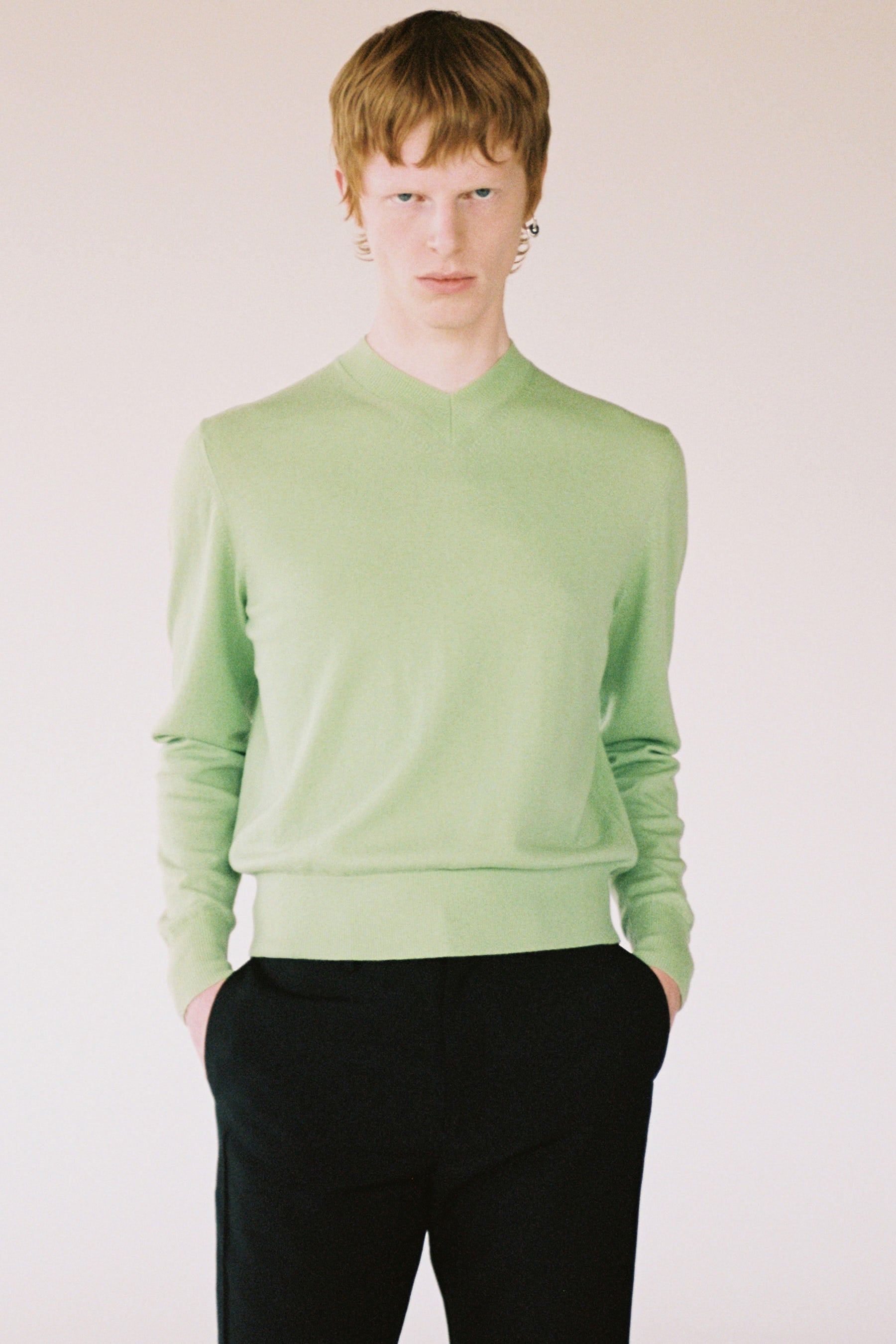 Green Merino Wool V-mockneck Sweater