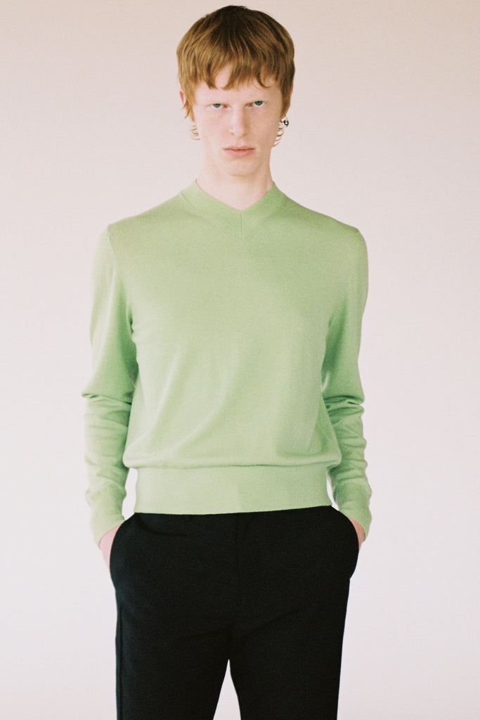 Green Merino Wool V-mockneck Sweater