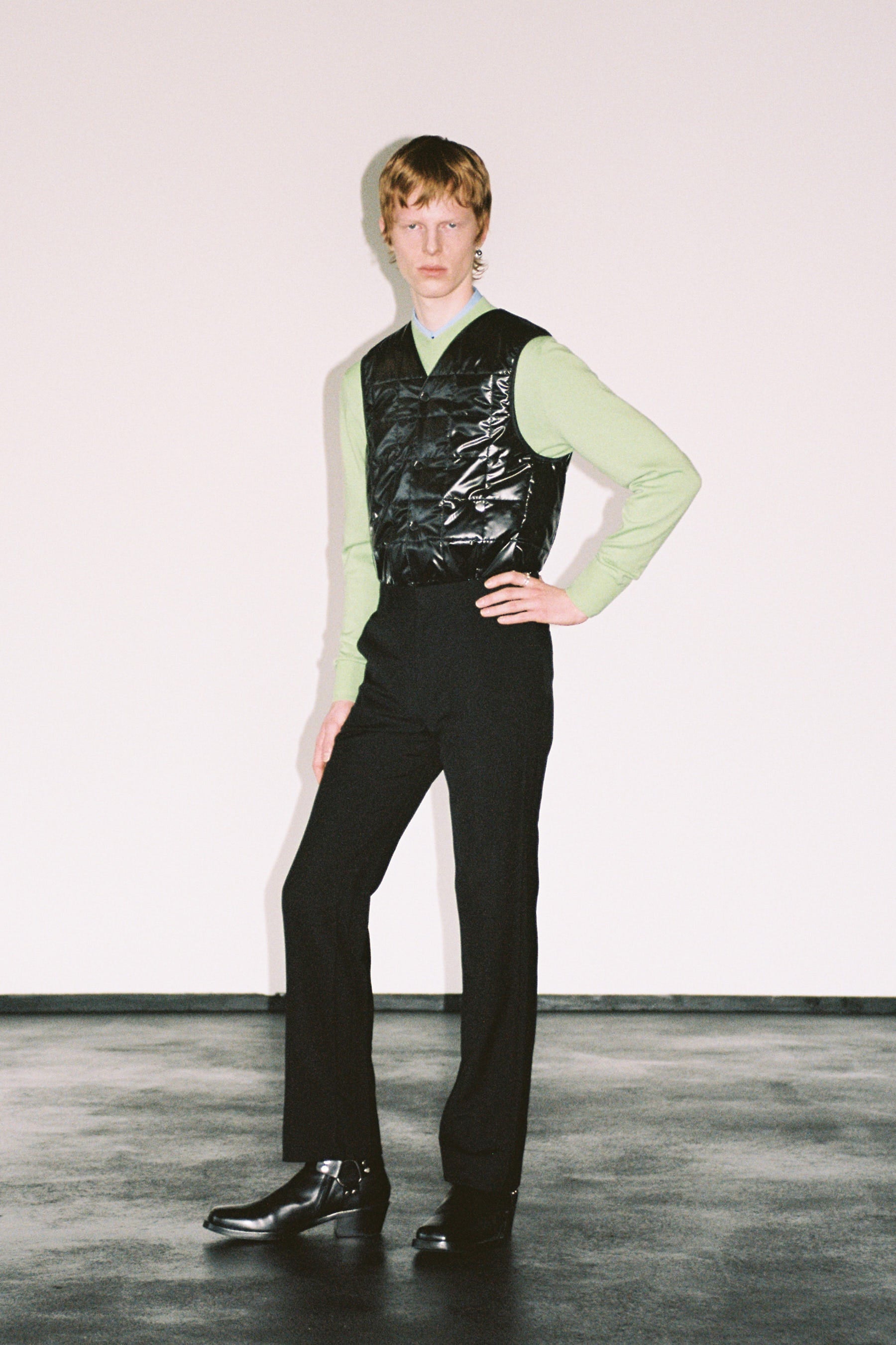 Green Merino Wool V-mockneck Sweater