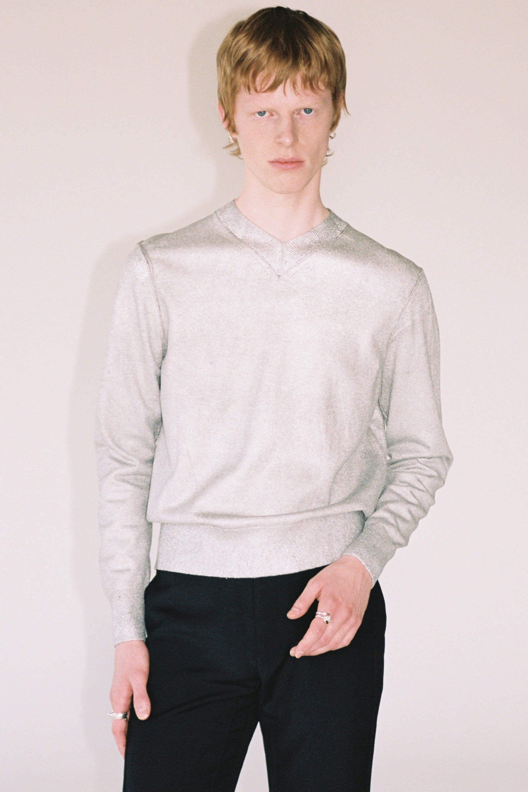 Silver Foiled Merino Wool V-mockneck Sweater