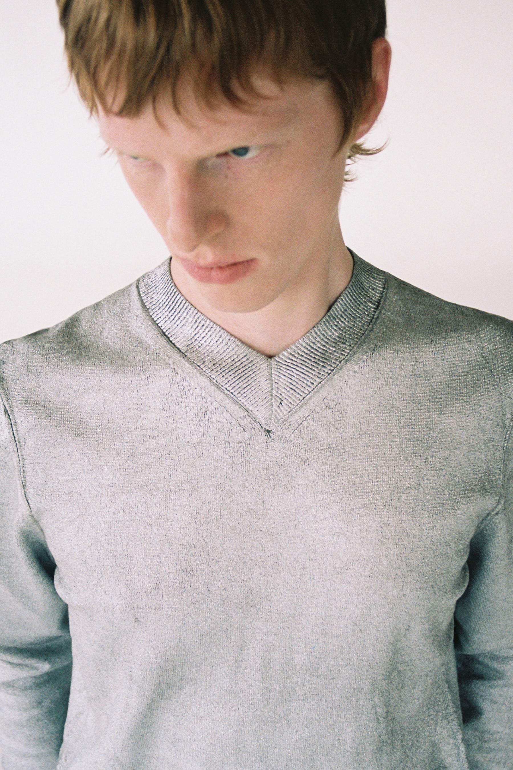 Silver Foiled Merino Wool V-mockneck Sweater