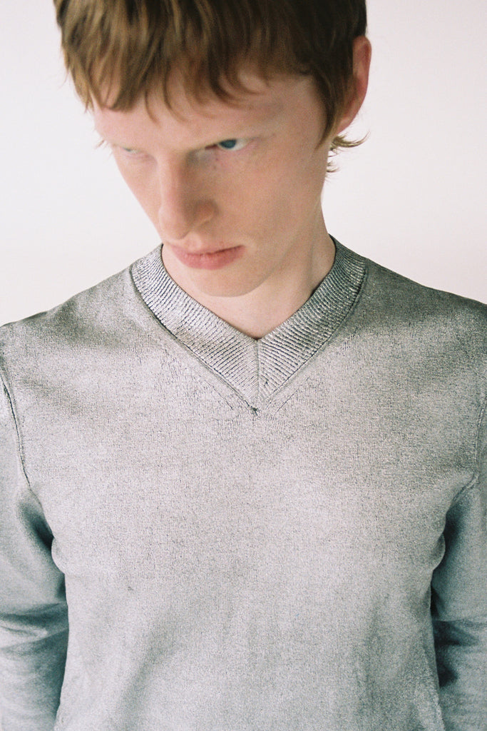 Silver Foiled Merino Wool V-mockneck Sweater