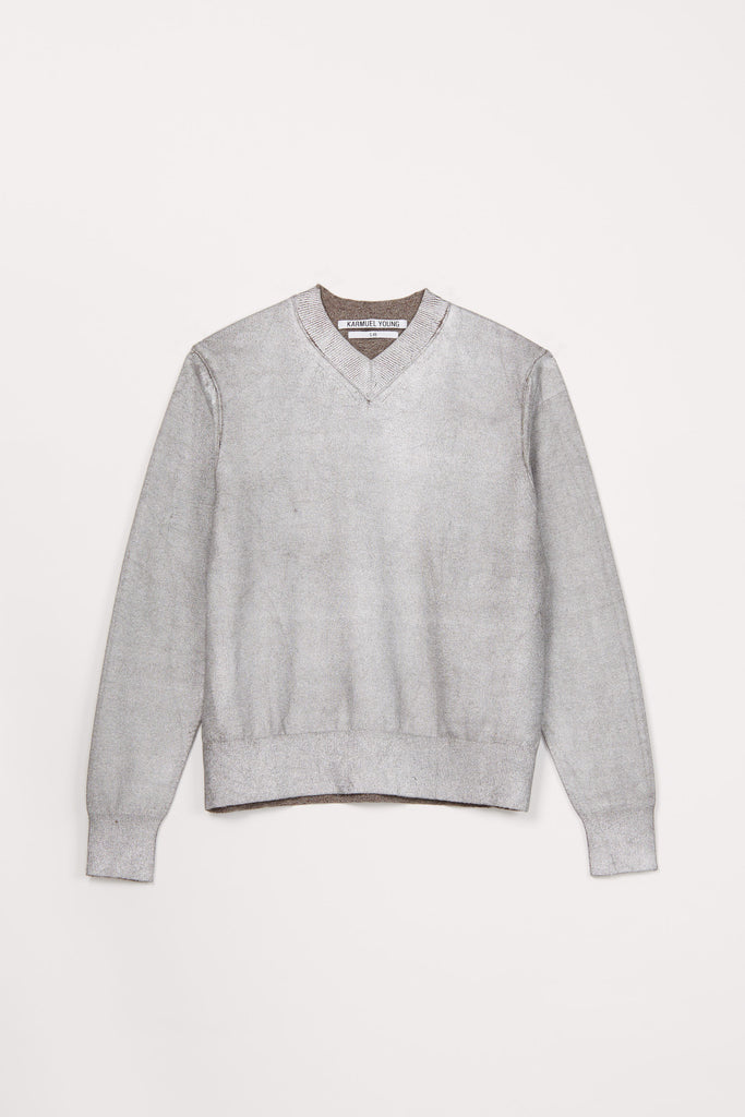 Silver Foiled Merino Wool V-mockneck Sweater