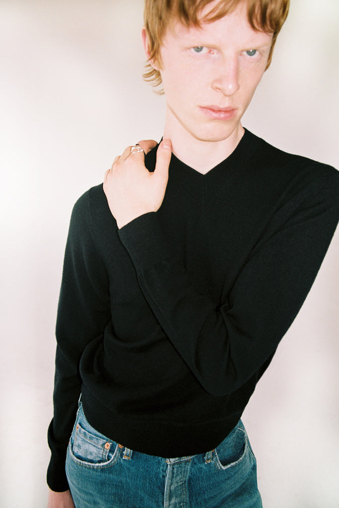 Black Merino Wool V-mockneck Sweater
