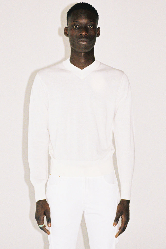 White Cotton V-mockneck Sweater