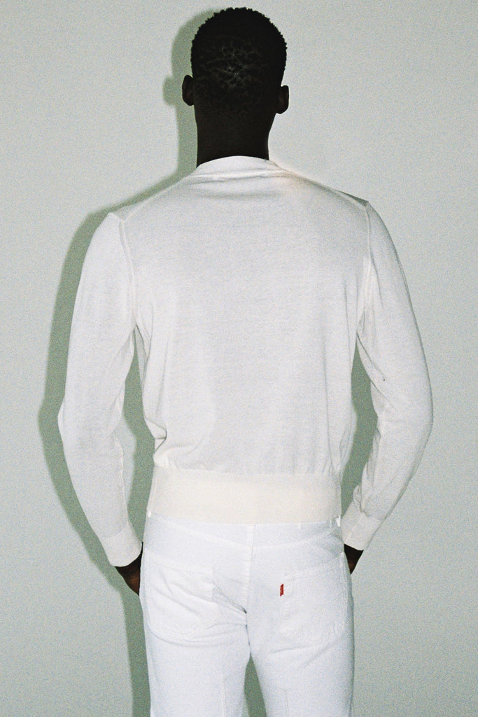White Cotton V-mockneck Sweater