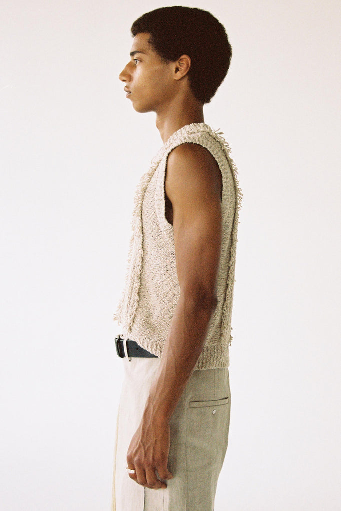 Beige V-mockneck Knitted Cropped Vest
