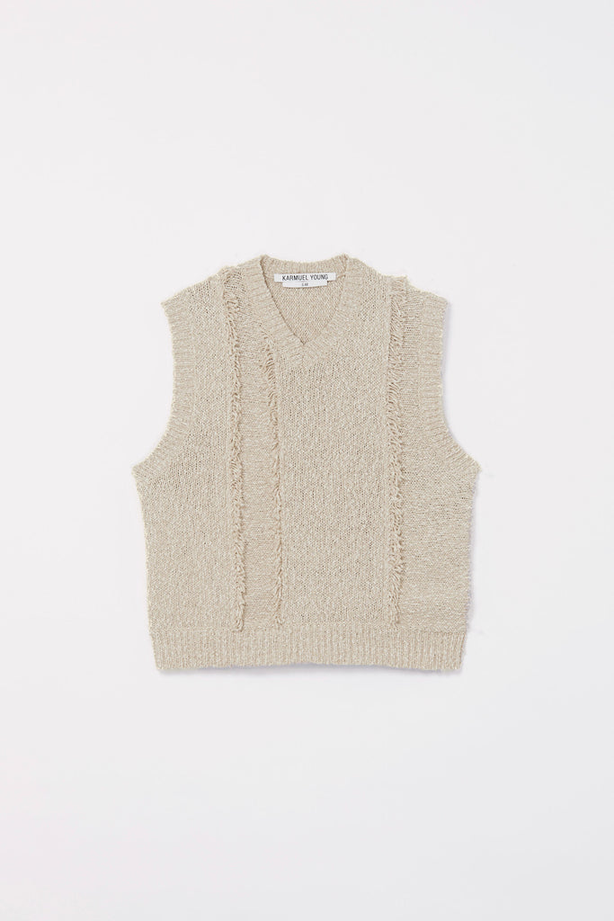 Beige V-mockneck Knitted Cropped Vest