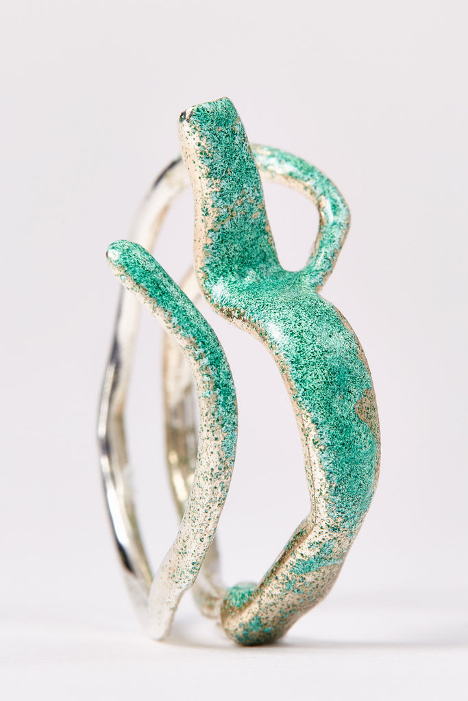 Green Enamel Spiral Silver Shirt Ring 002