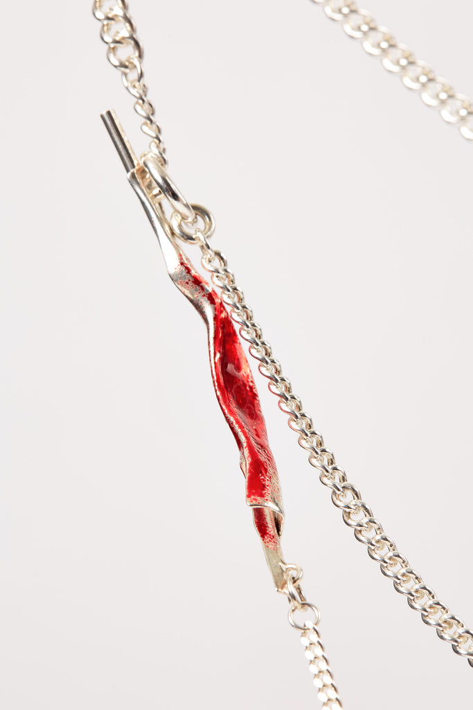 Red Enamel Tag Pendant Silver Shirt Chain