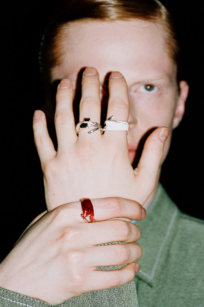 Red Enamel Spiral Silver Shirt Ring