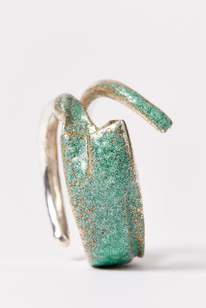 Green Enamel Spiral Silver Shirt Ring 001