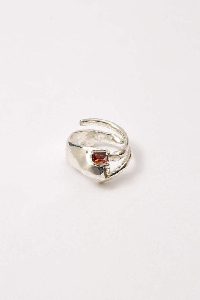 Spiral Silver Shirt Ring with Garnet