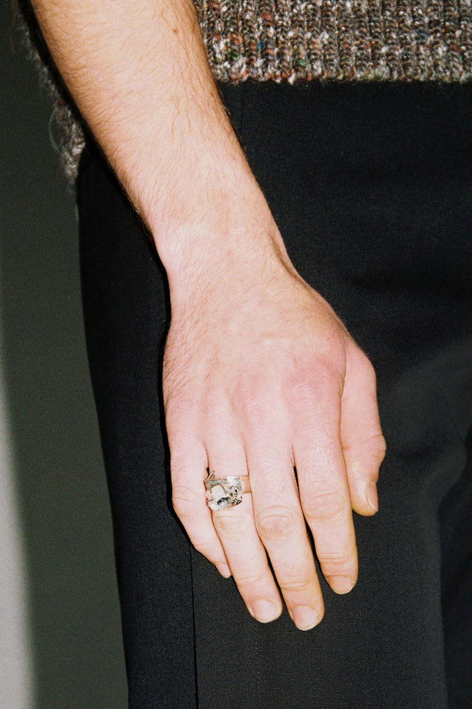 Spiral Silver Shirt Ring 001 with White Babingtonite