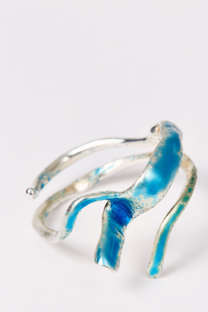 Blue Enamel Spiral Silver Shirt Ring 002