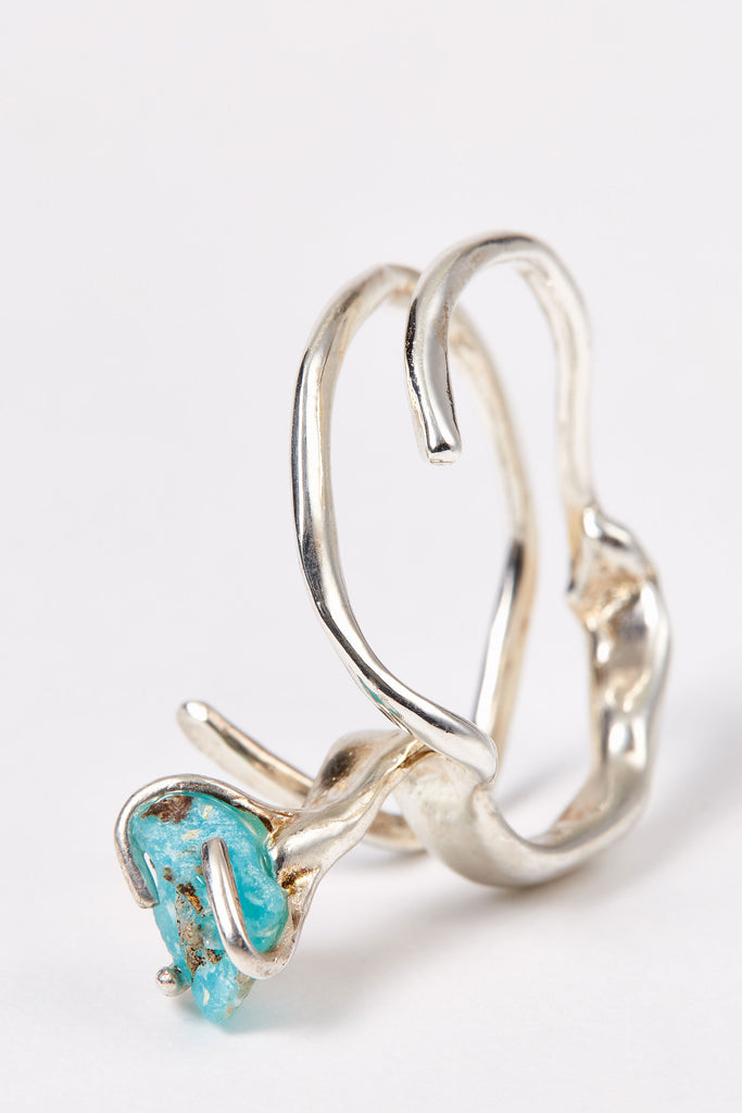 Spiral Silver Shirt Ring 002 with Blue Hemimorphite