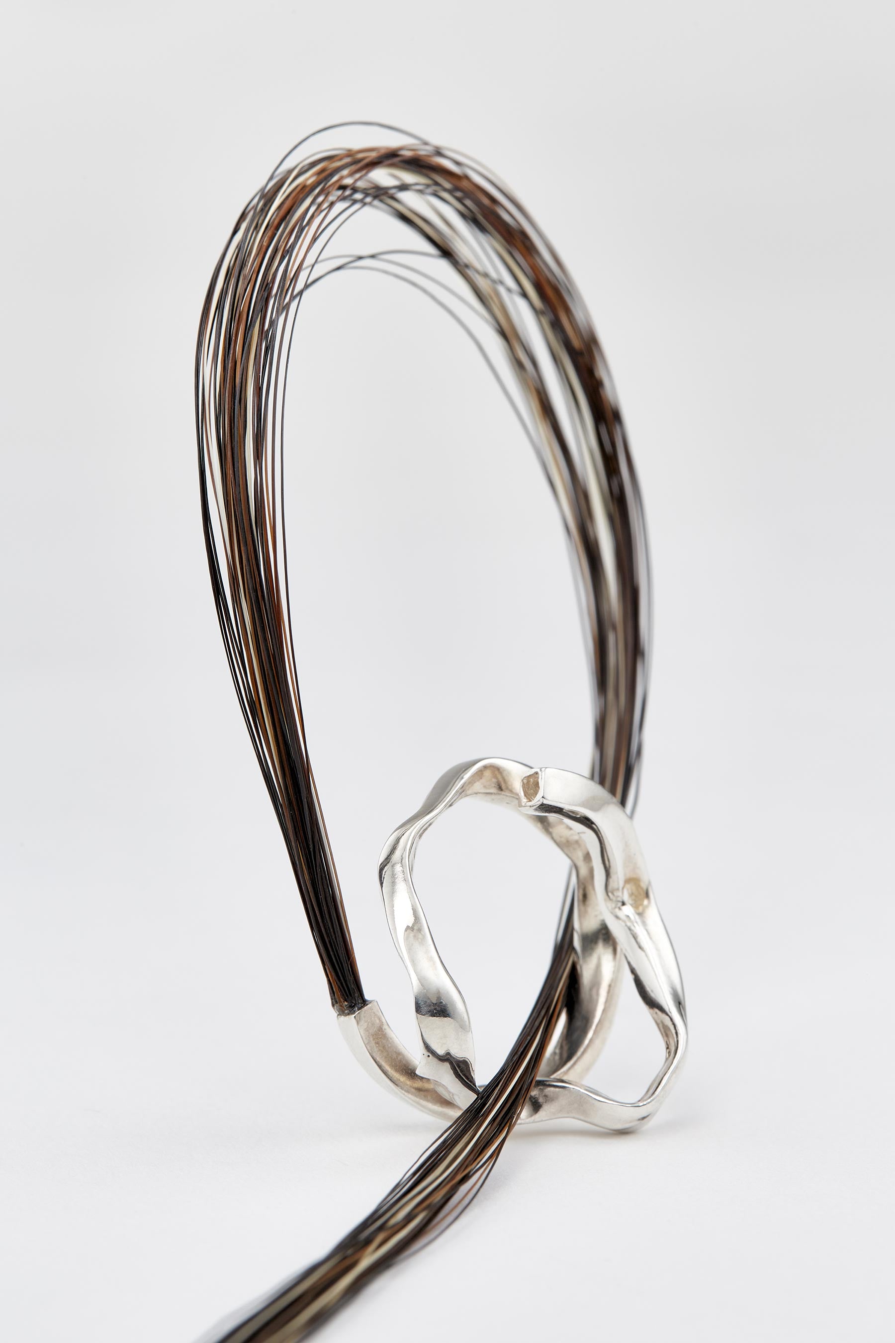 Silver Spiral Square Tube Shirt Ring 003 with Mixed Horse Tail Hair