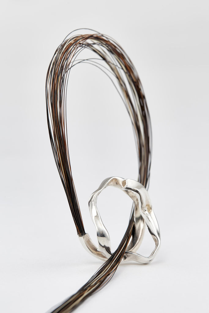 Silver Spiral Square Tube Shirt Ring 003 with Mixed Horse Tail Hair