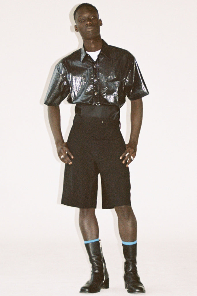Black Woollen Mohair Cuboid Tailored Shorts