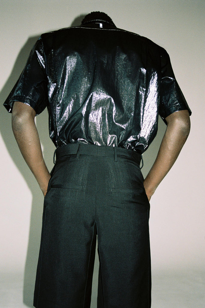 Black Woollen Mohair Cuboid Tailored Shorts
