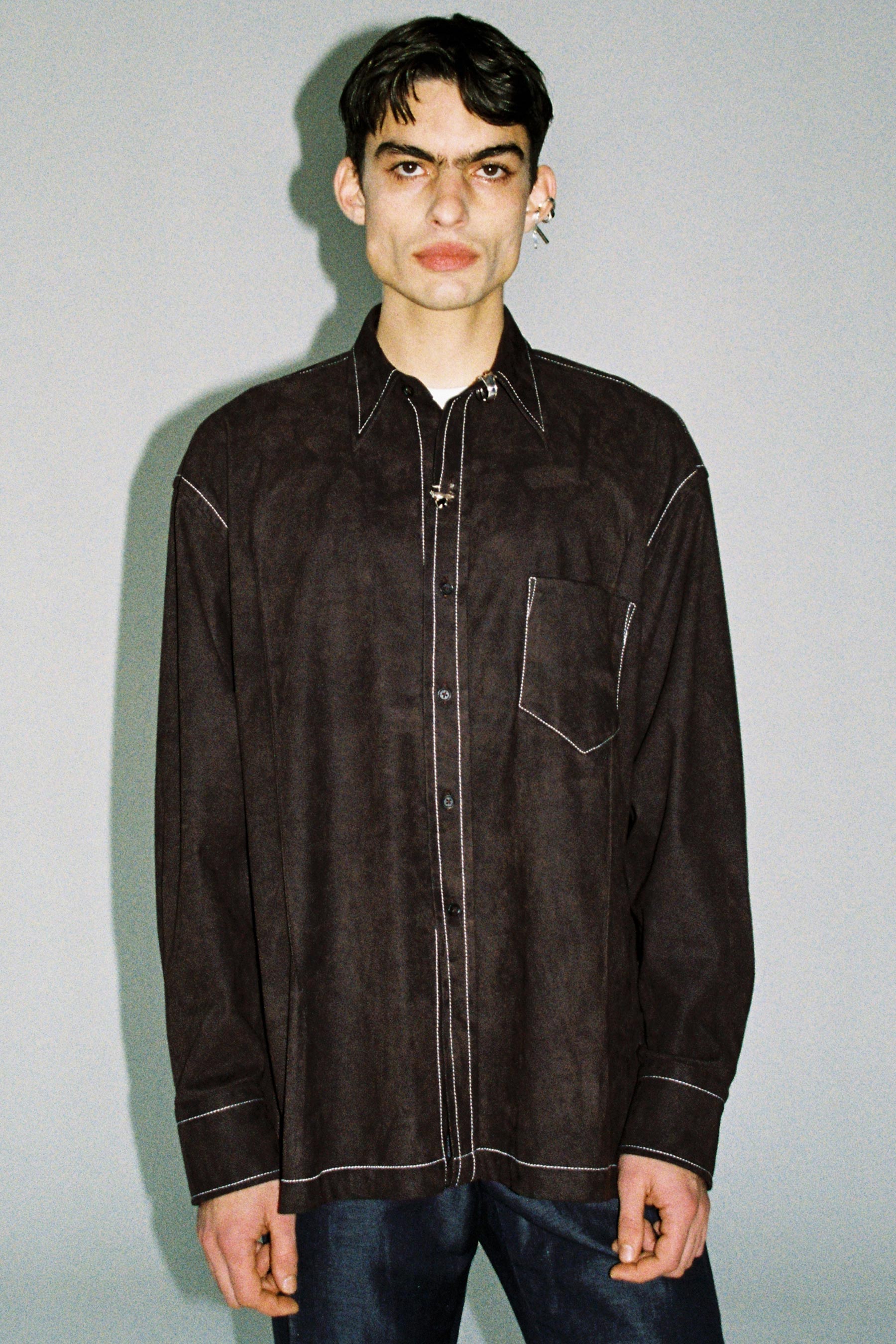 Dark Brown Polyamide Faux Suede Cuboid Overshirt