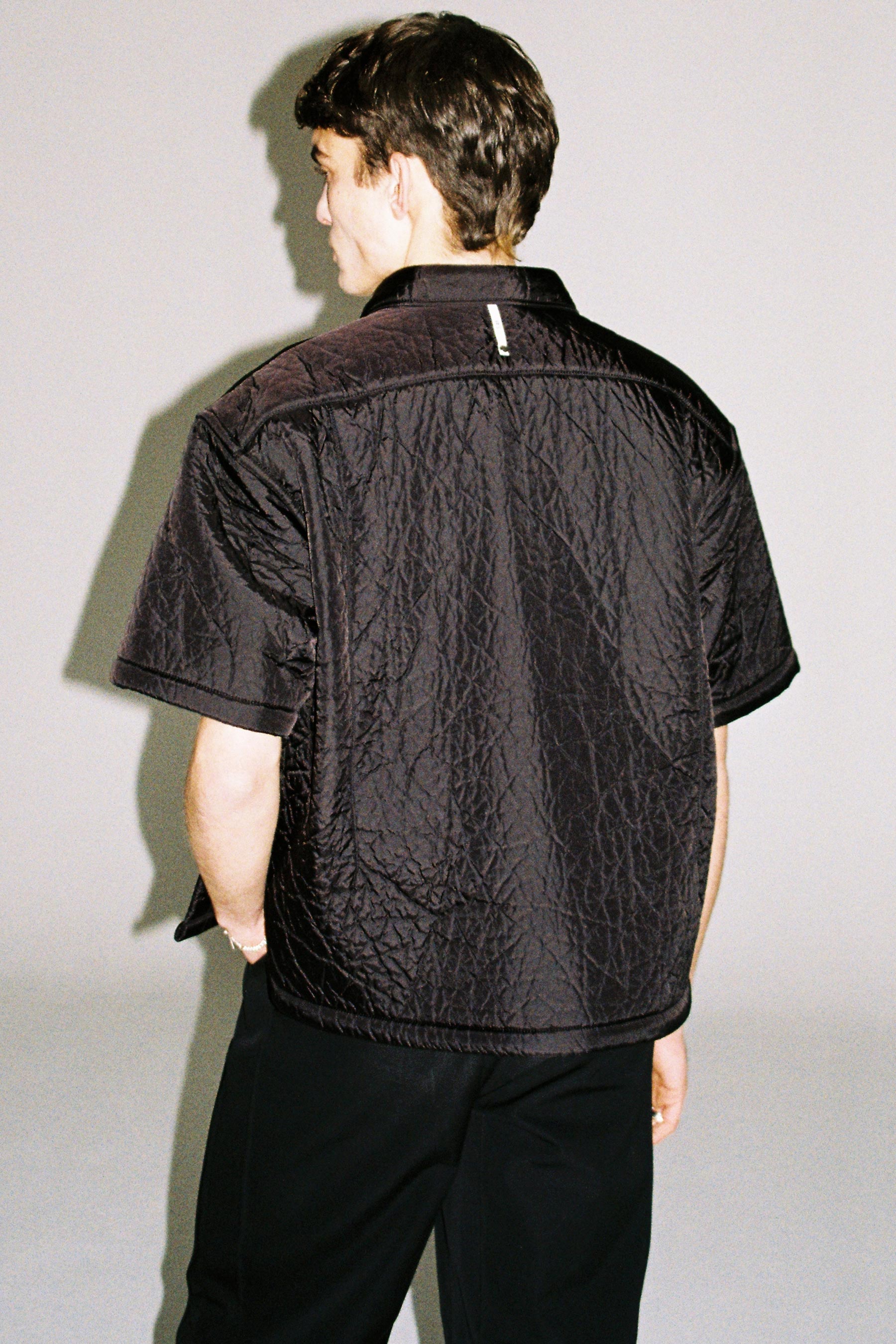 Black Nylon Polyester Padded Cuboid Overshirt (Full Lining)