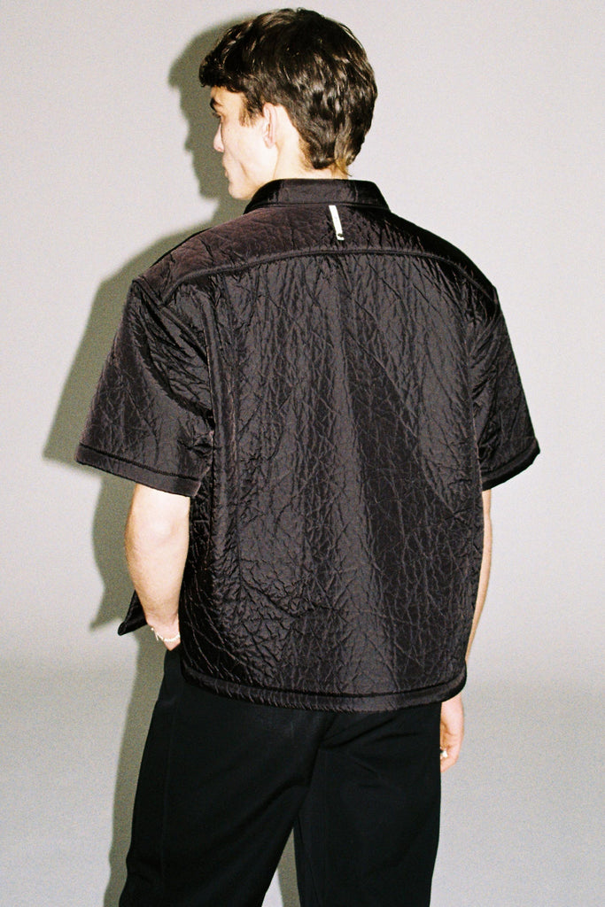 Black Nylon Polyester Padded Cuboid Overshirt (Full Lining)