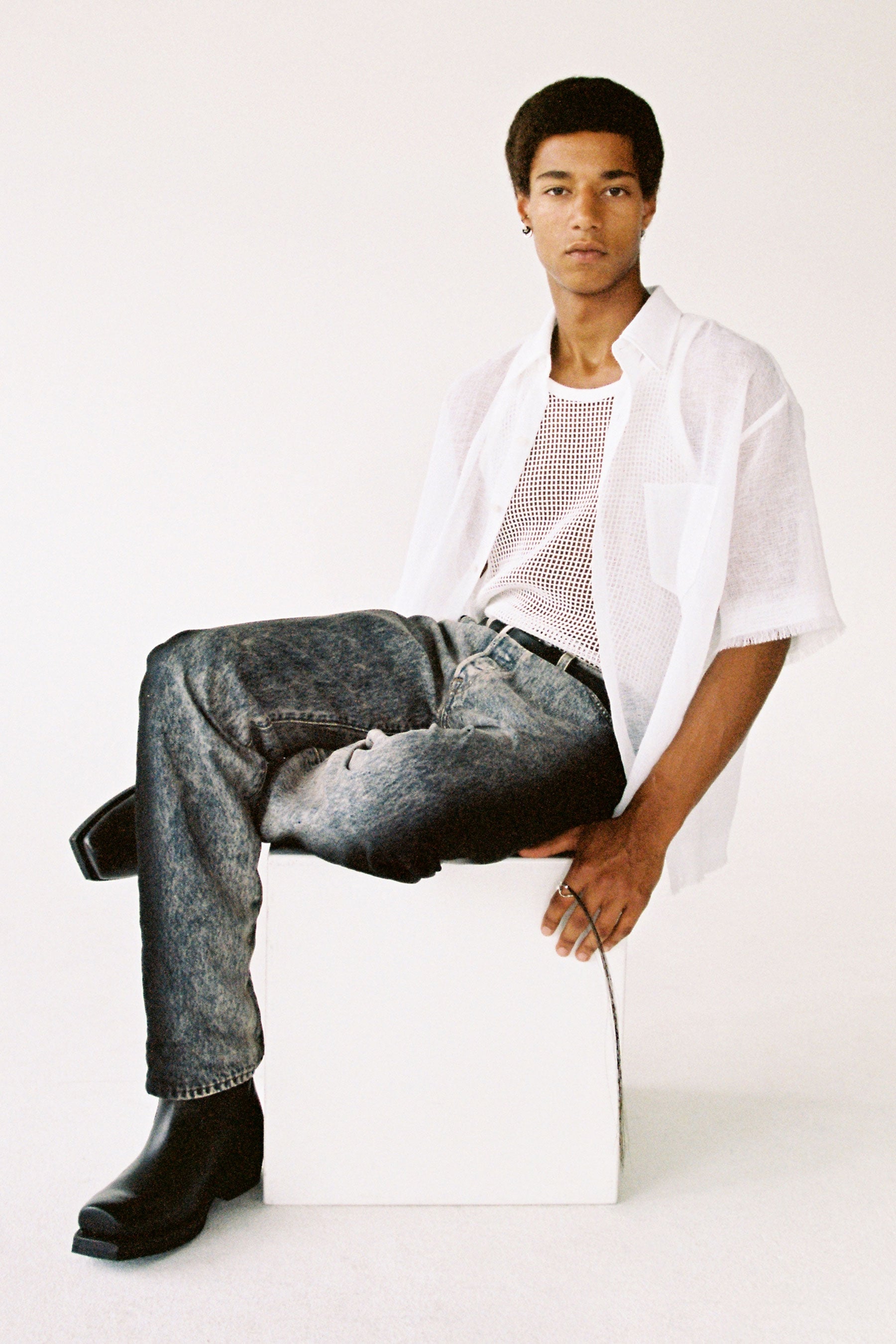 White Polyester Square Short Sleeved Overshirt
