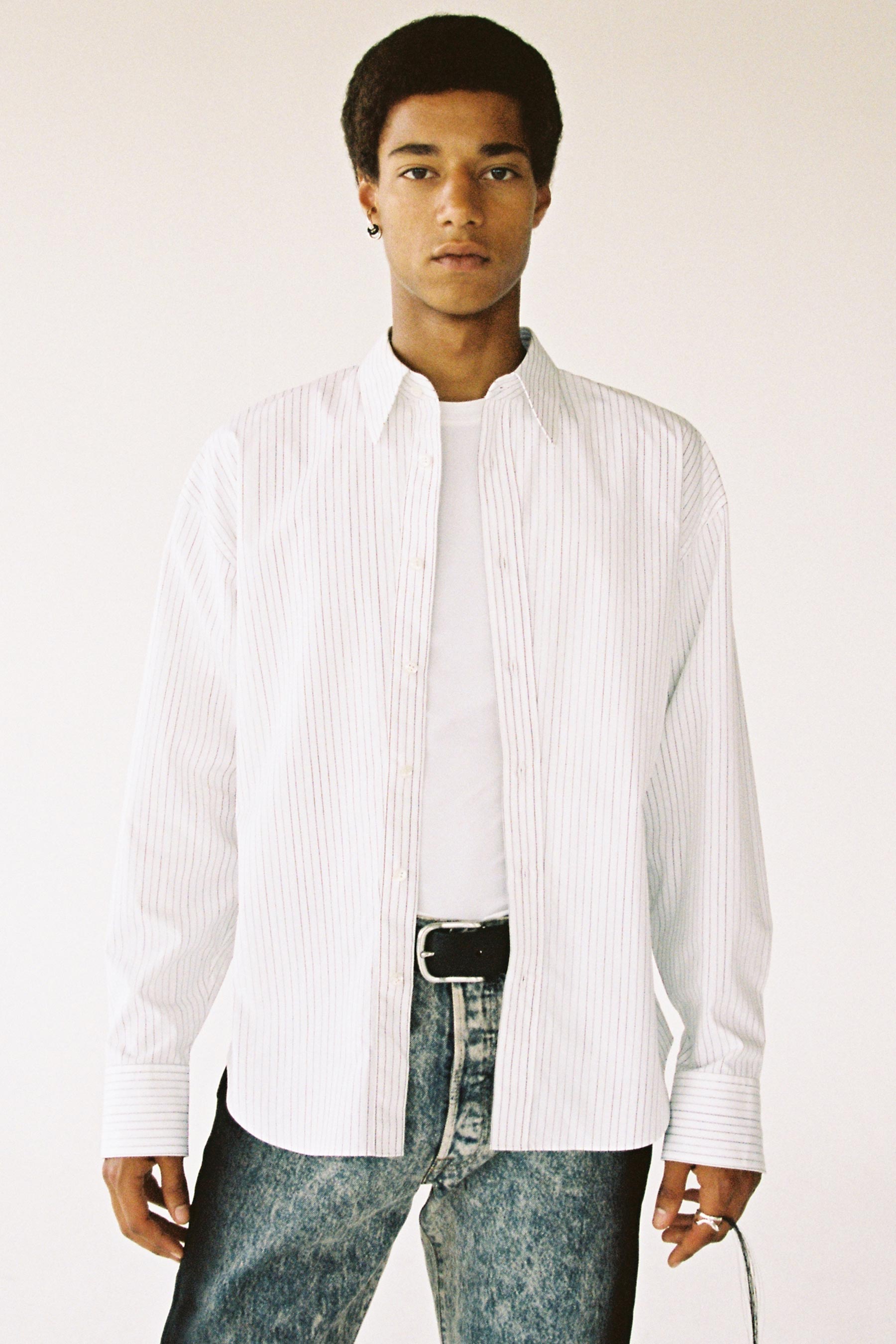 White Cotton Hand-printed Stripe Trapezium Shirt