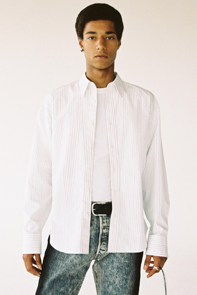 White Cotton Hand-printed Stripe Trapezium Shirt