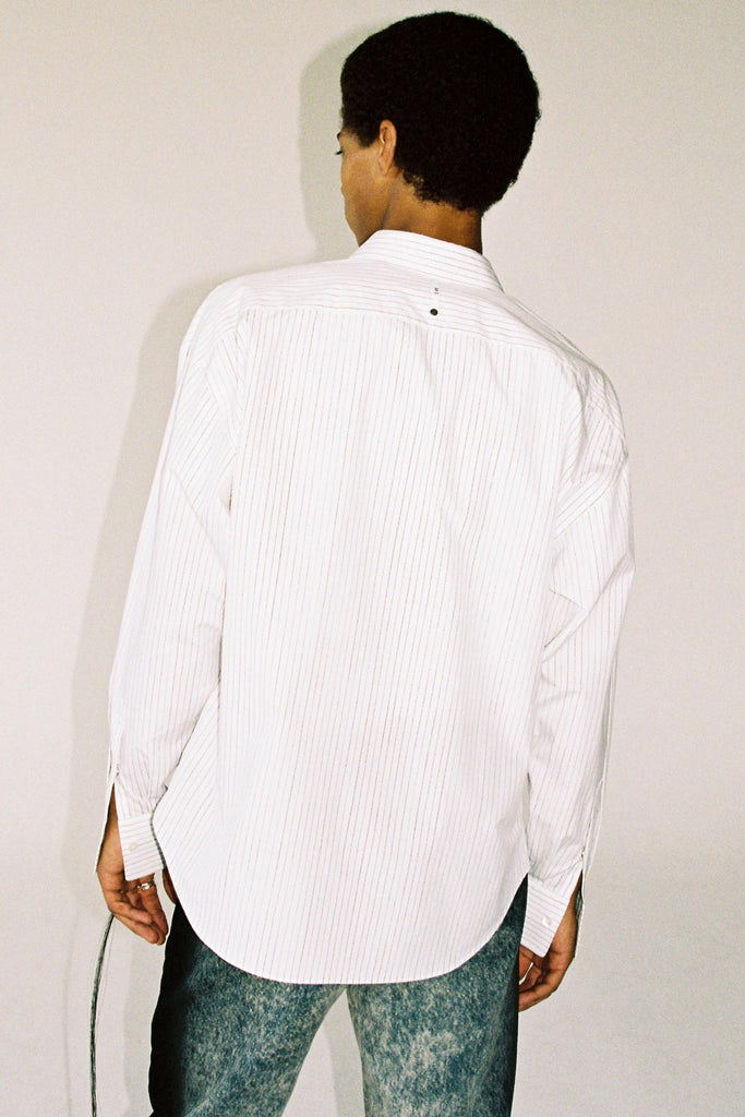 White Cotton Hand-printed Stripe Trapezium Shirt