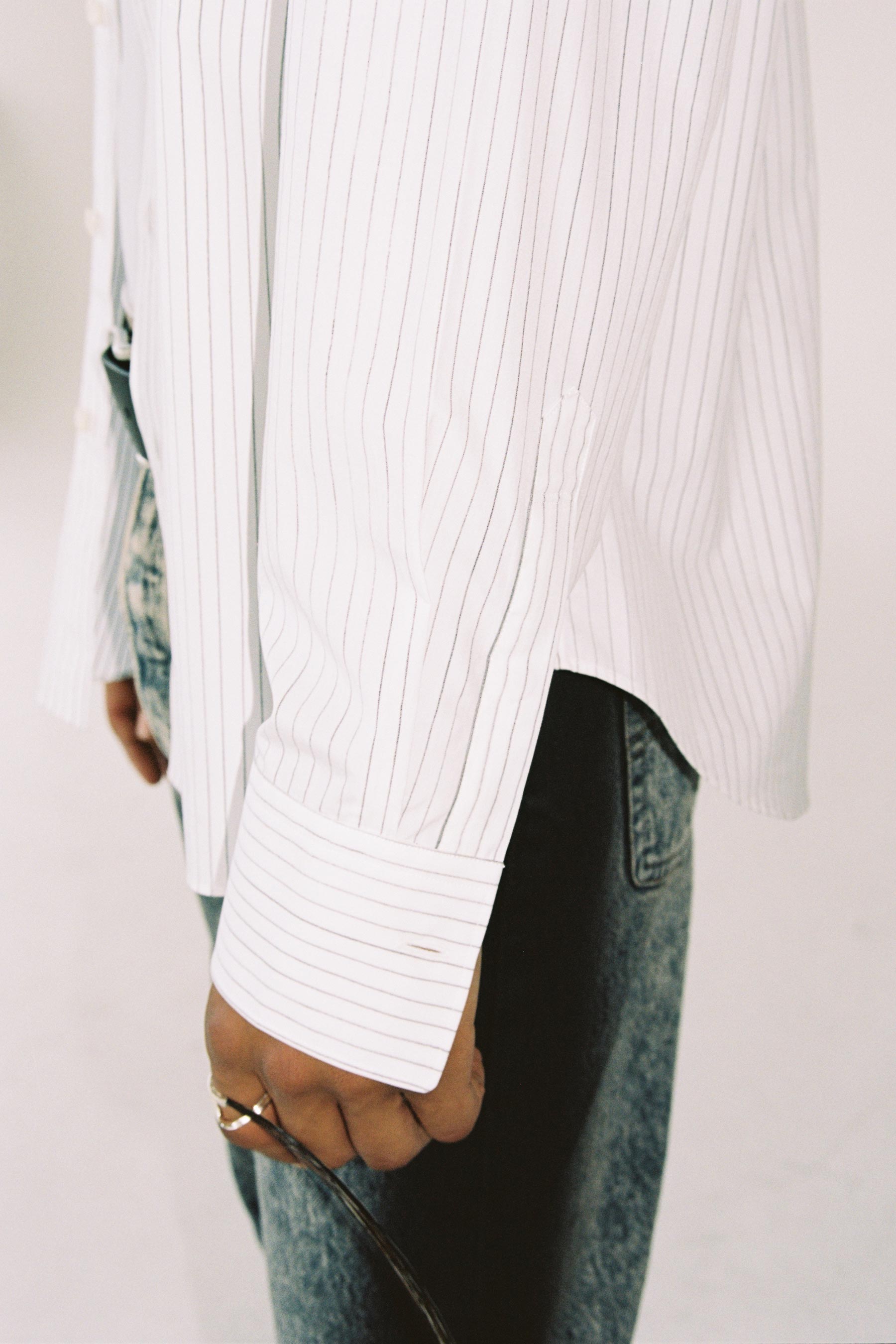 White Cotton Hand-printed Stripe Trapezium Shirt