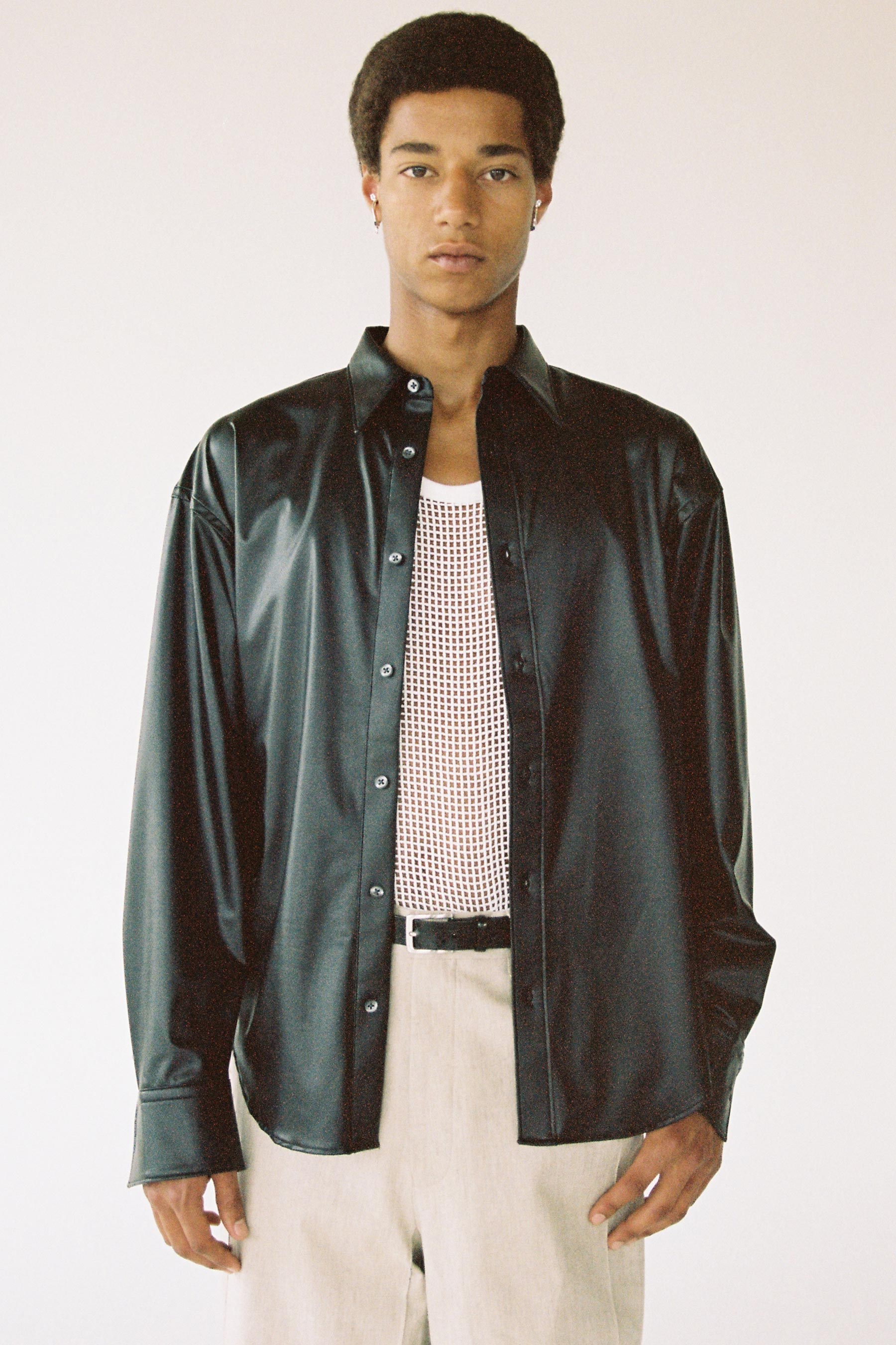 Black Polyamide Faux Leather Trapezium Shirt
