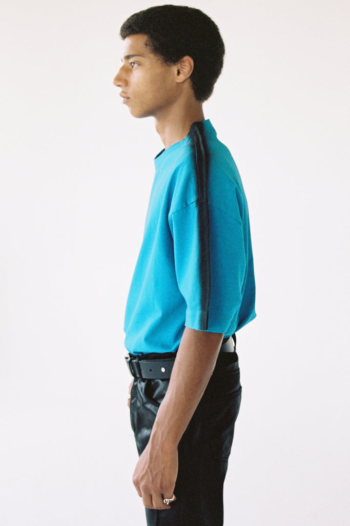 Blue Cotton Spray Printed Square XY-plane T-Shirt