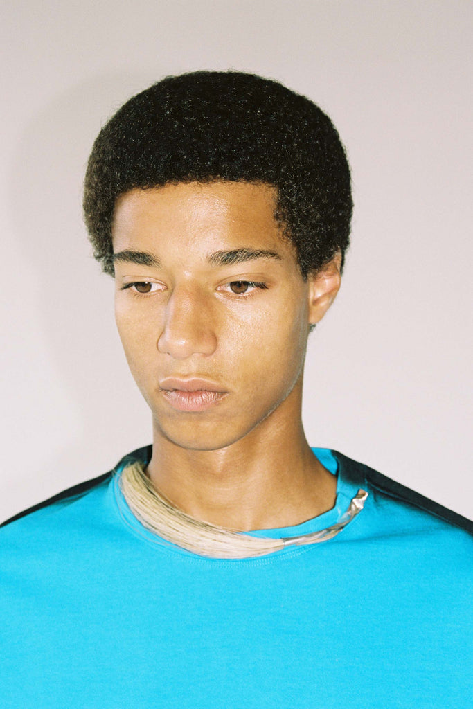 Blue Cotton Spray Printed Square XY-plane T-Shirt