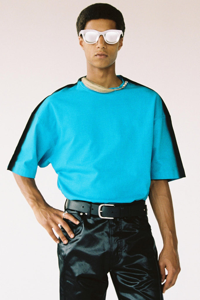 Blue Cotton Spray Printed Square XY-plane T-Shirt