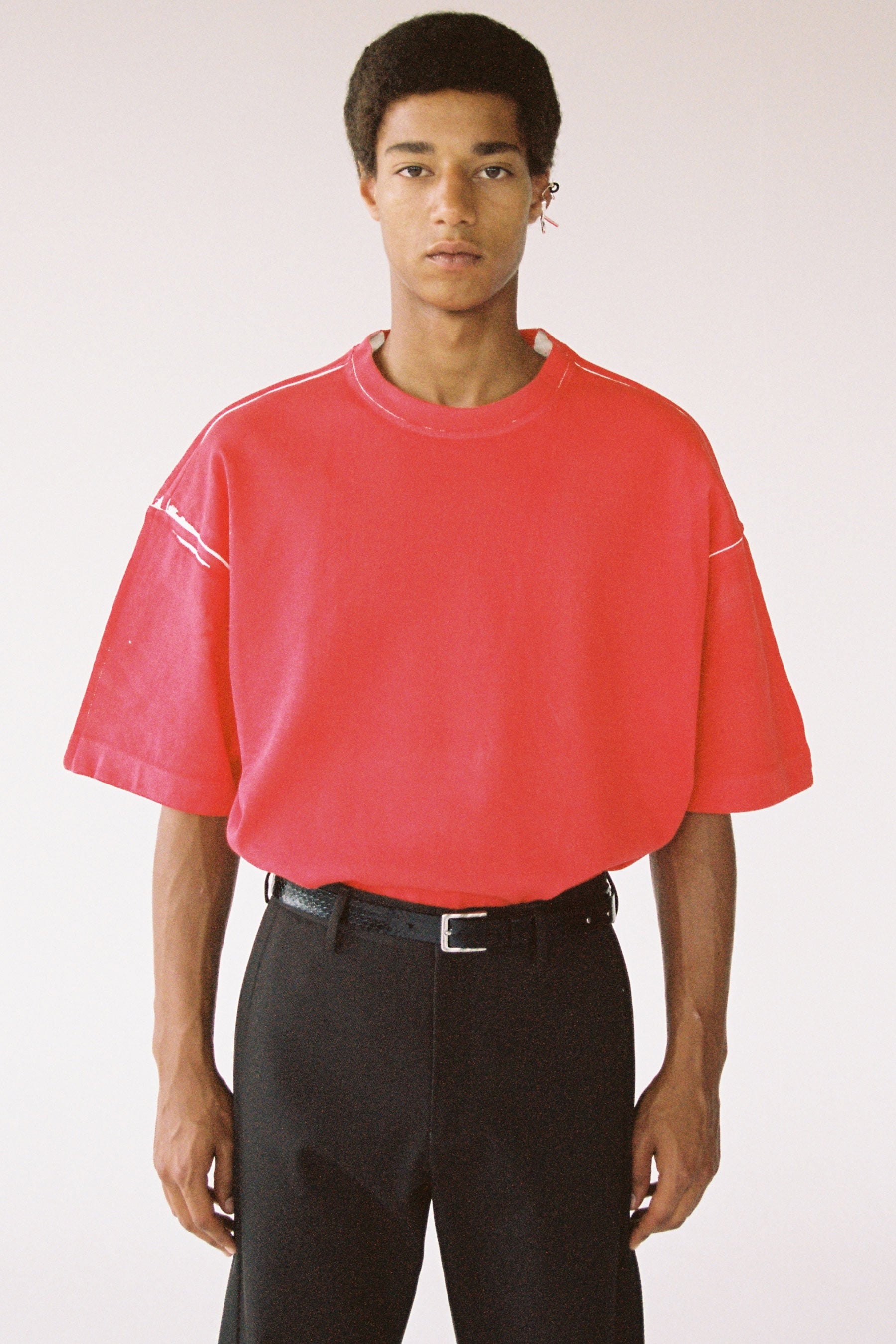 Red Cotton Spray Printed Square XY-plane T-Shirt