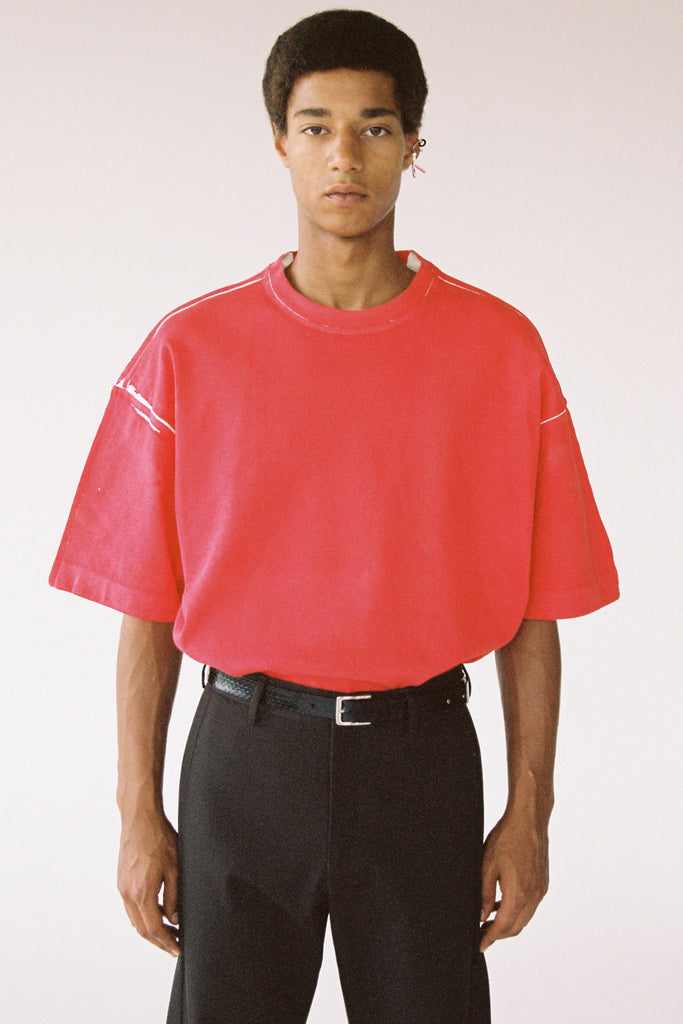 Red Cotton Spray Printed Square XY-plane T-Shirt