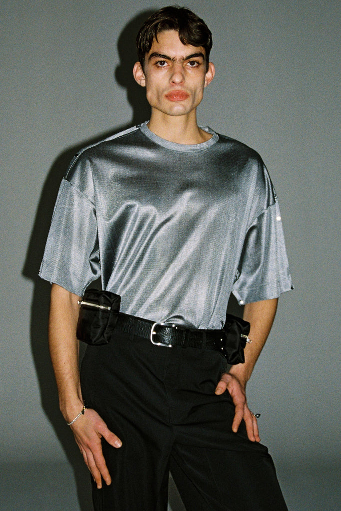 Silver Polyester Nylon Square XY-plane T-Shirt with Studs