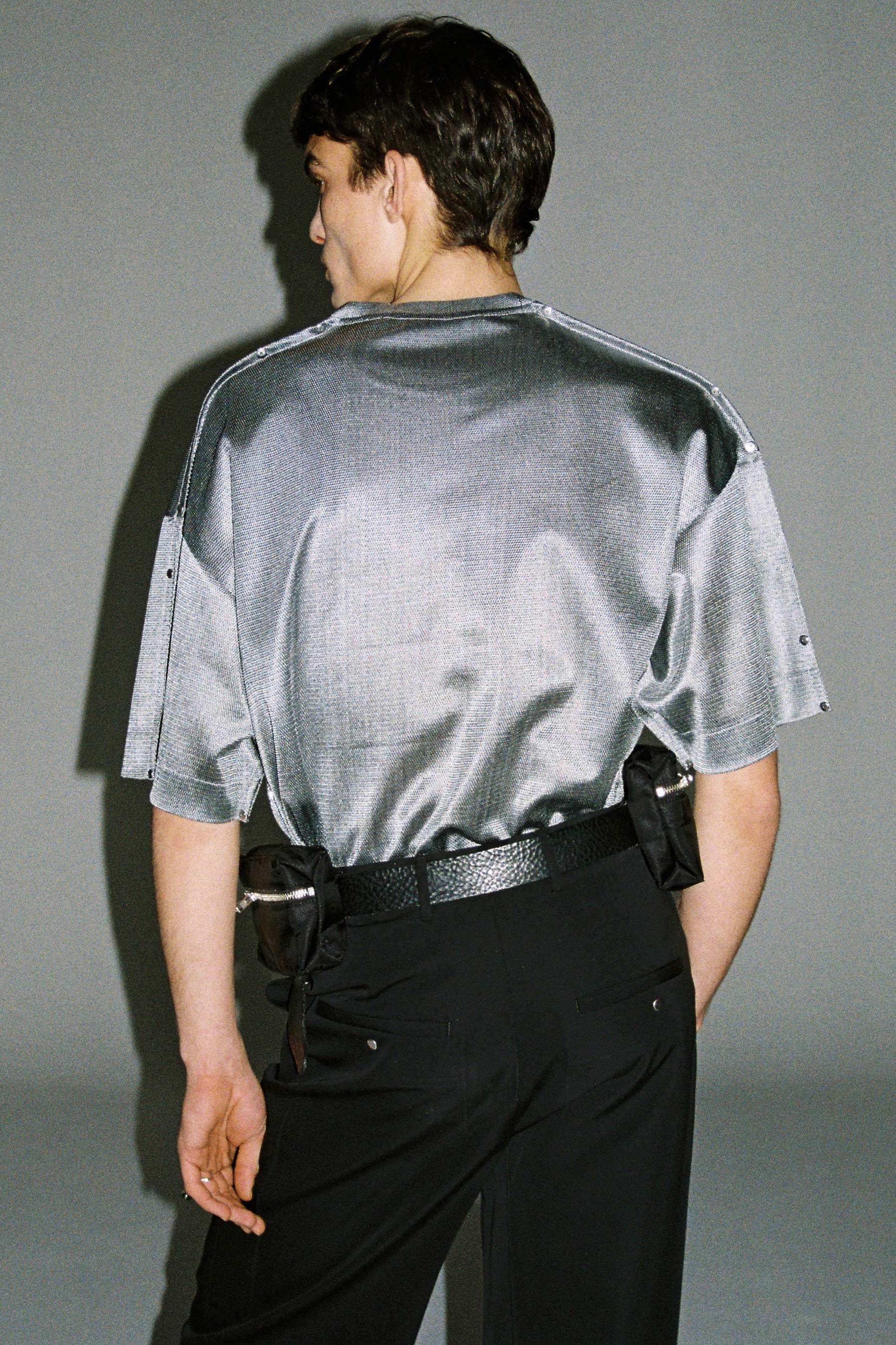 Silver Polyester Nylon Square XY-plane T-Shirt with Studs