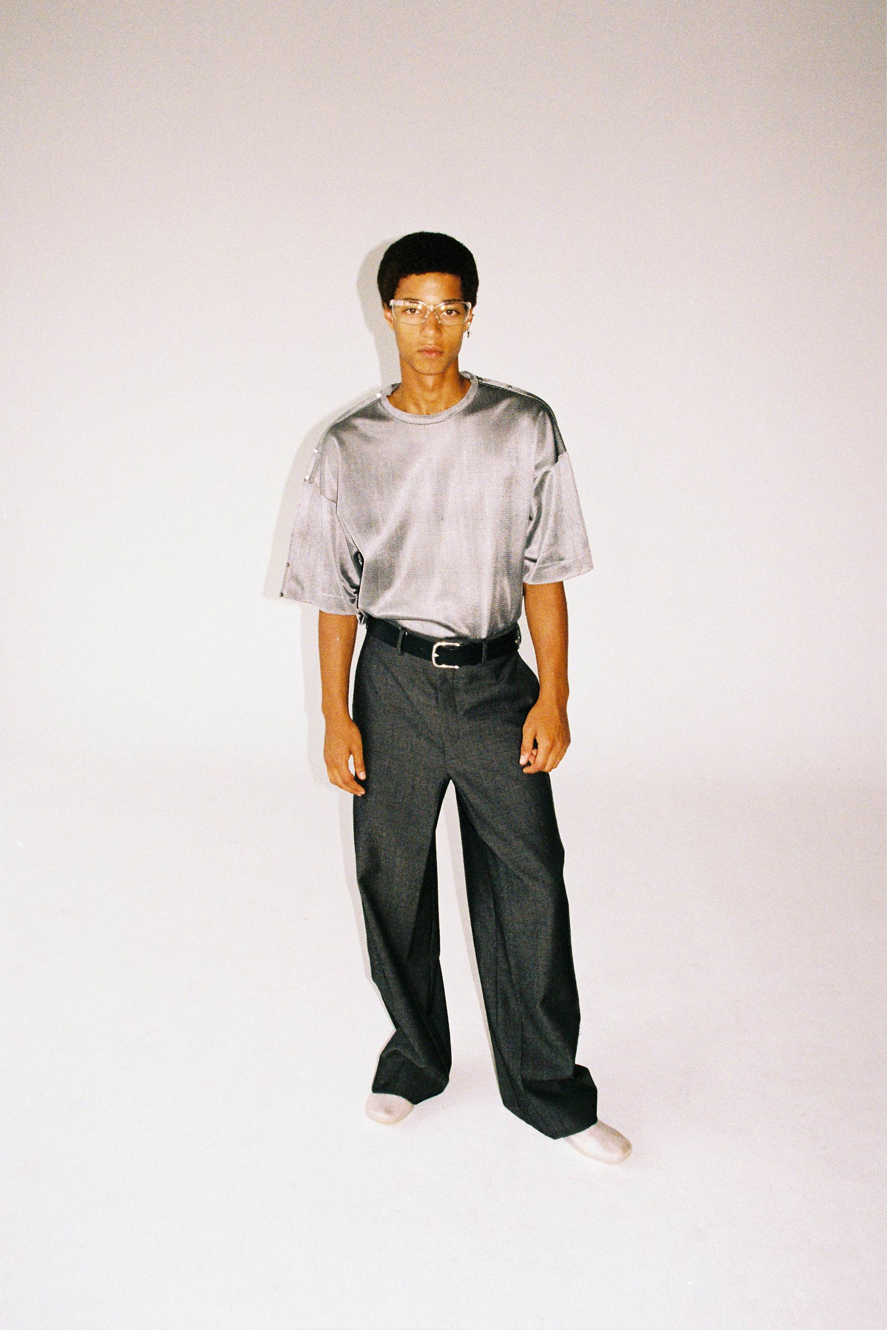 Silver Polyester Nylon Square XY-plane T-Shirt with Studs